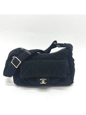 Chanel Shoulder Bag CC Logo Large Bowling Quilted Velvet Black